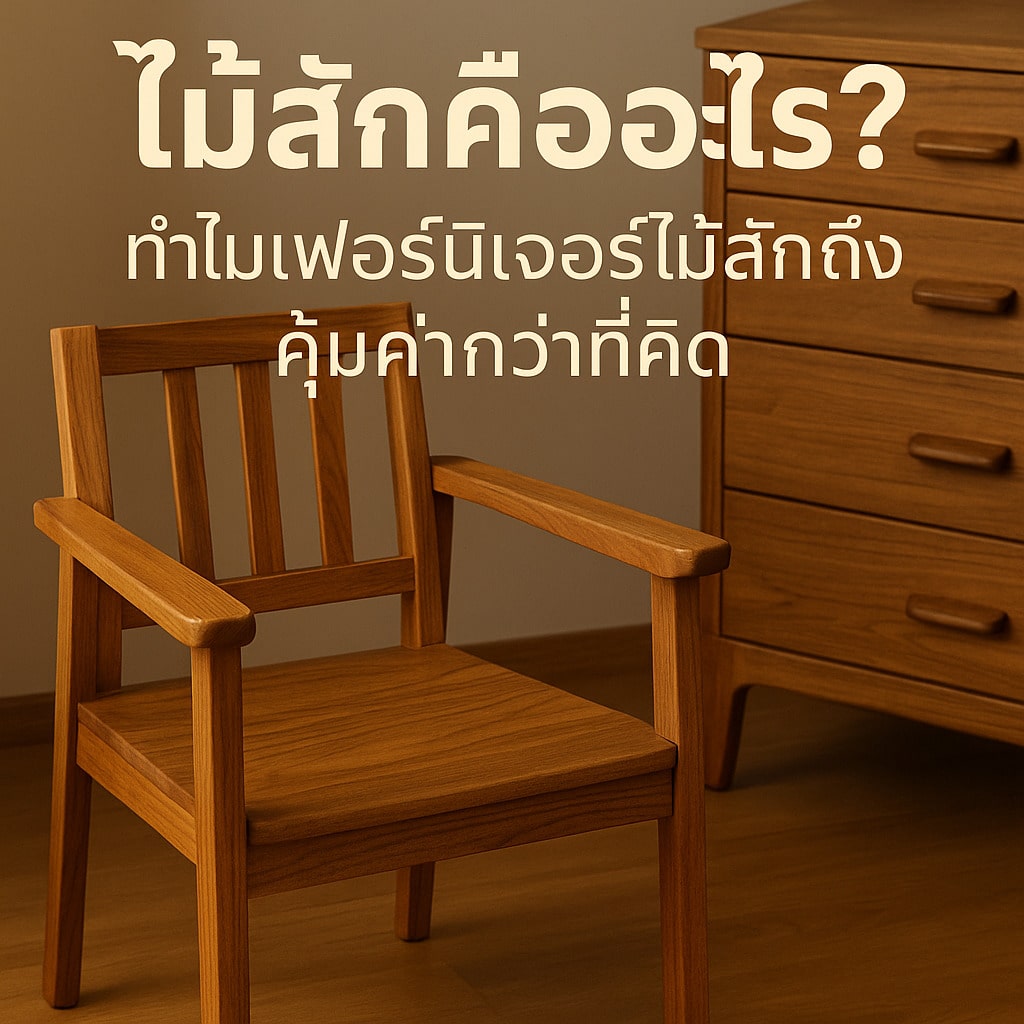 ภาพถ่ายเก้าอี้ไม้สักดีไซน์เรียบหรูในโทนสีทองน้ำตาล พร้อมลิ้นชักไม้ด้านหลัง มีข้อความภาษาไทยว่า “ไม้สักคืออะไร? ทำไมเฟอร์นิเจอร์ไม้สักถึงคุ้มค่ากว่าที่คิด” สื่อถึงความสง่างามและคุณค่าของไม้สักในฐานะวัสดุเฟอร์นิเจอร์คุณภาพสูง